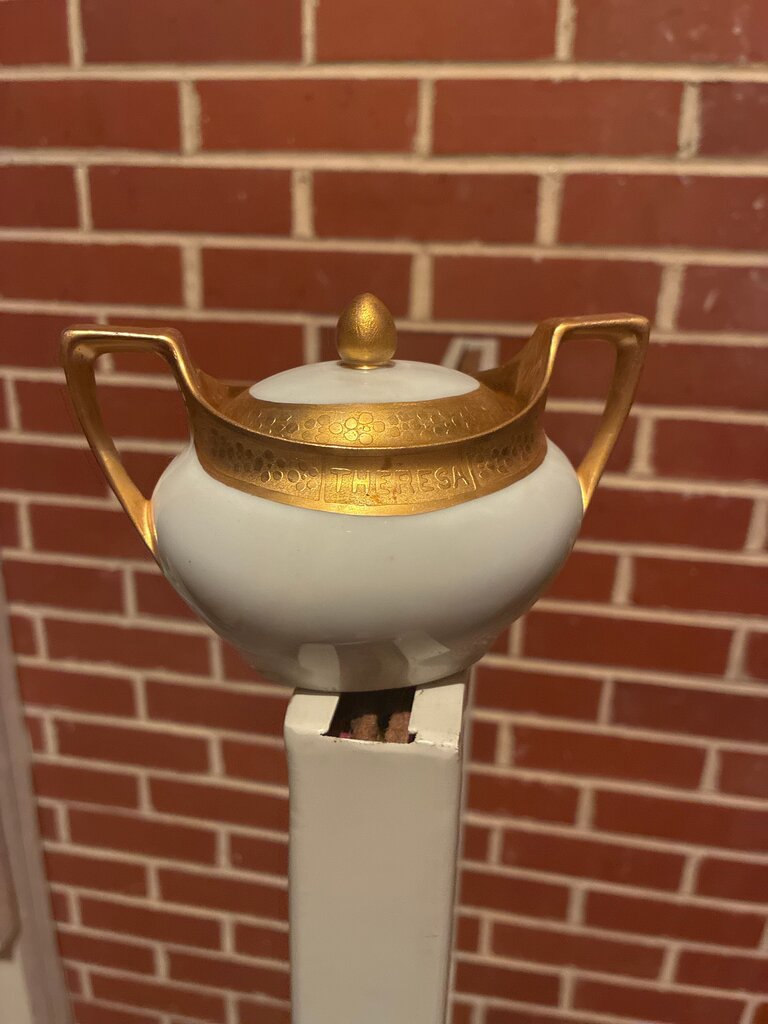 Vintage White Porcelain Sugar Bowl with Gold Trim