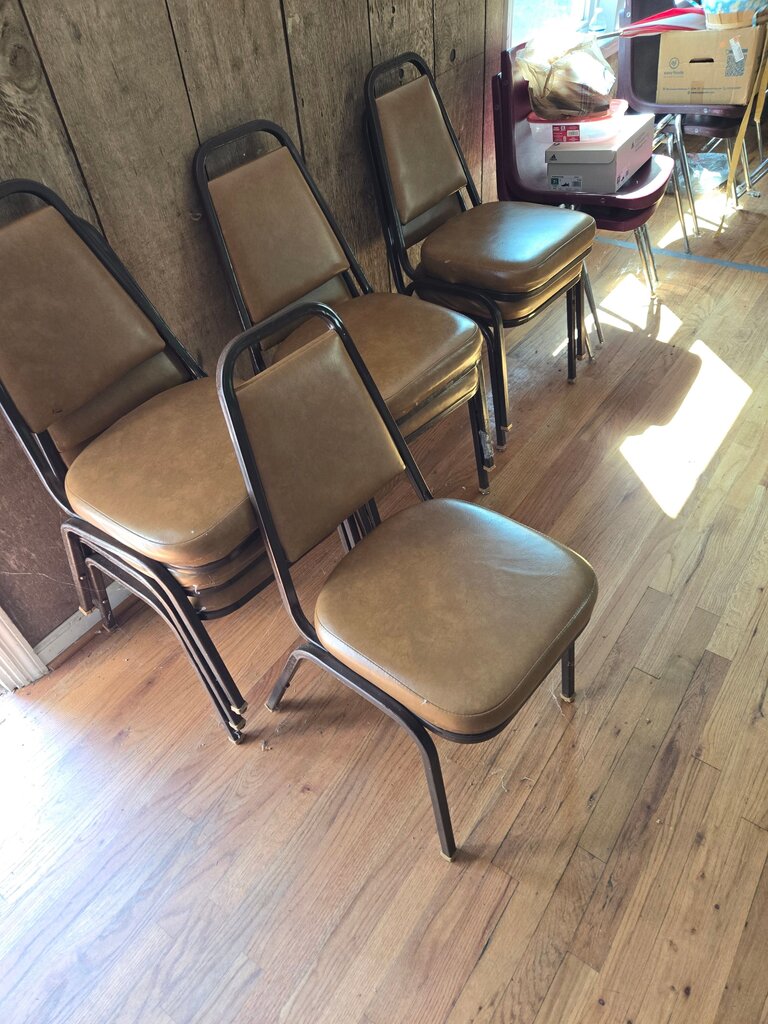 Stackable Metal Chairs with Brown Vinyl Upholstery