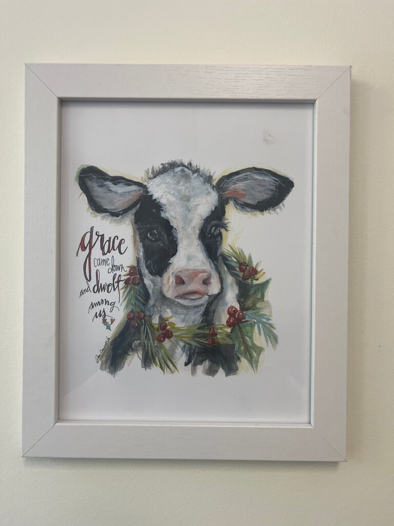Framed Cow Art Print with Holiday Wreath