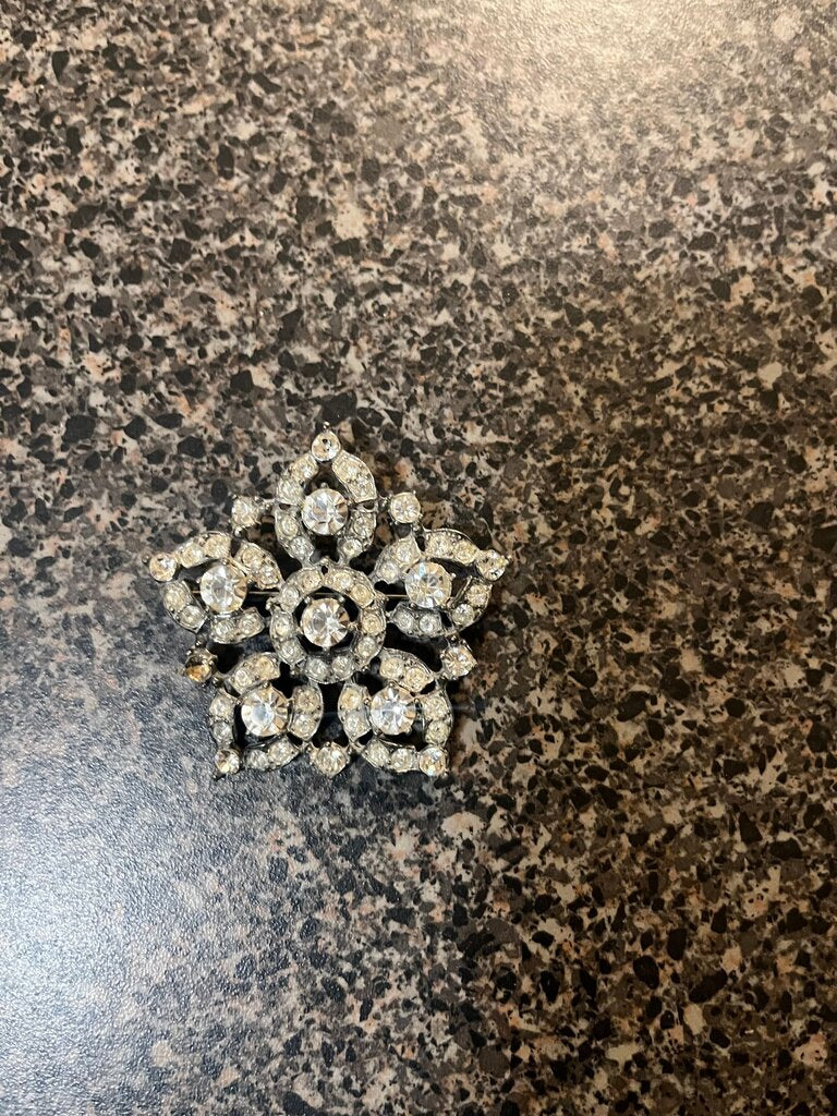 Vintage Snowflake Brooch with Clear Rhinestones