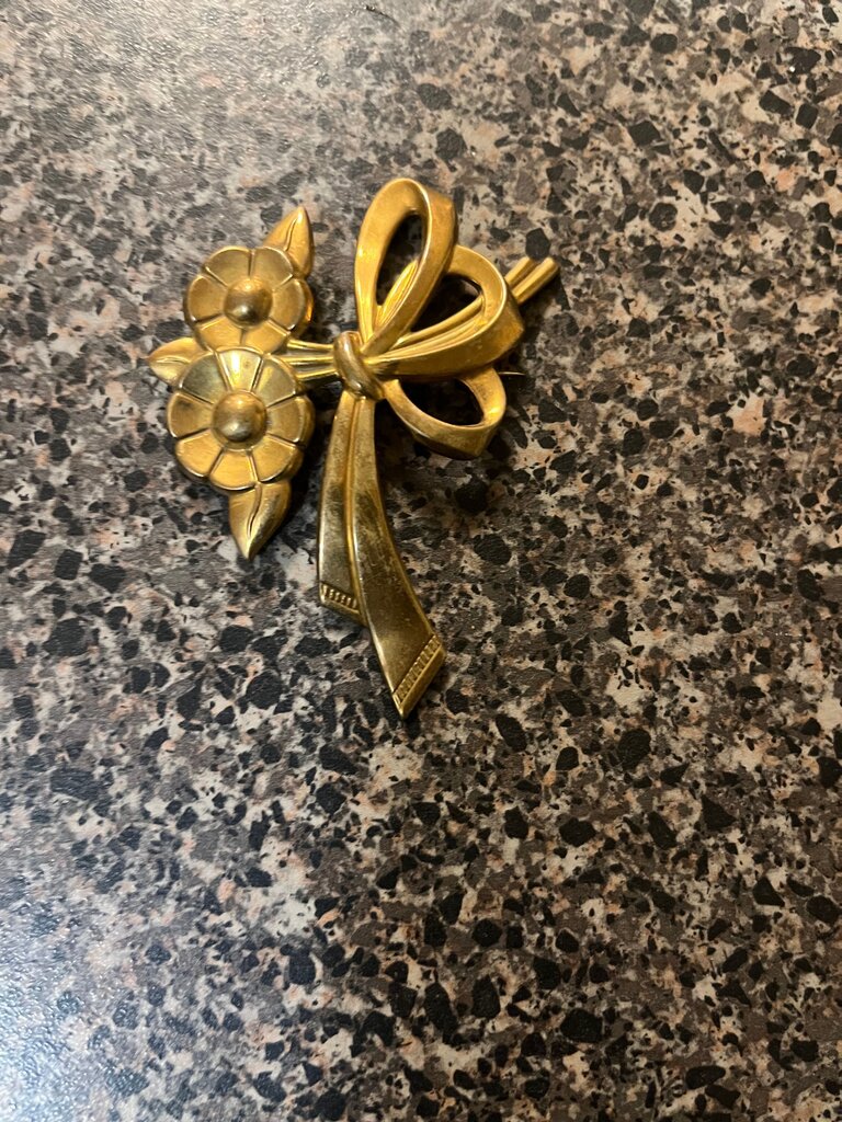 Vintage Gold Flower Brooch with Ribbon