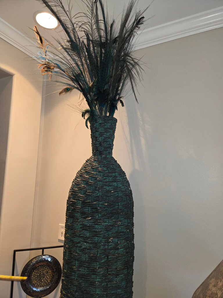 Tall Woven Decorative Vase with Feathers