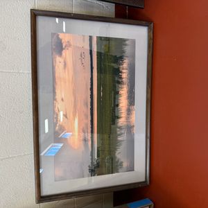 Framed Landscape Photograph of Sunset Over Water