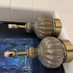 Pair of Fluted Glass Table Lamps with Brass Accents