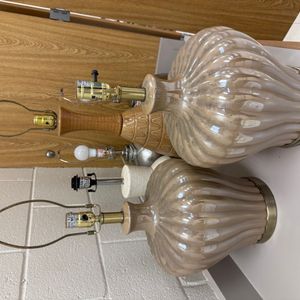 Pair of Mid-Century Modern Ribbed Glass Table Lamps with Pearlescent Finish