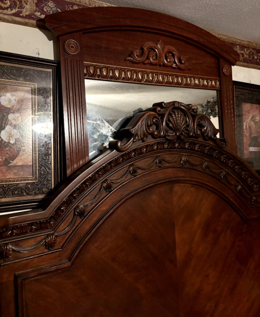Carved Wooden Headboard with Mirror