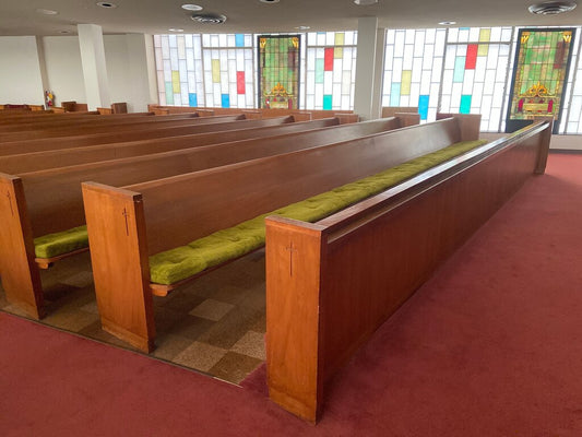 Wooden Church Pew with Green Cushion