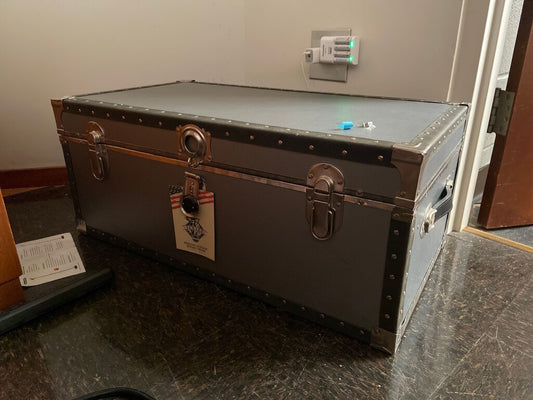 Gray Storage Trunk with Metal Accents