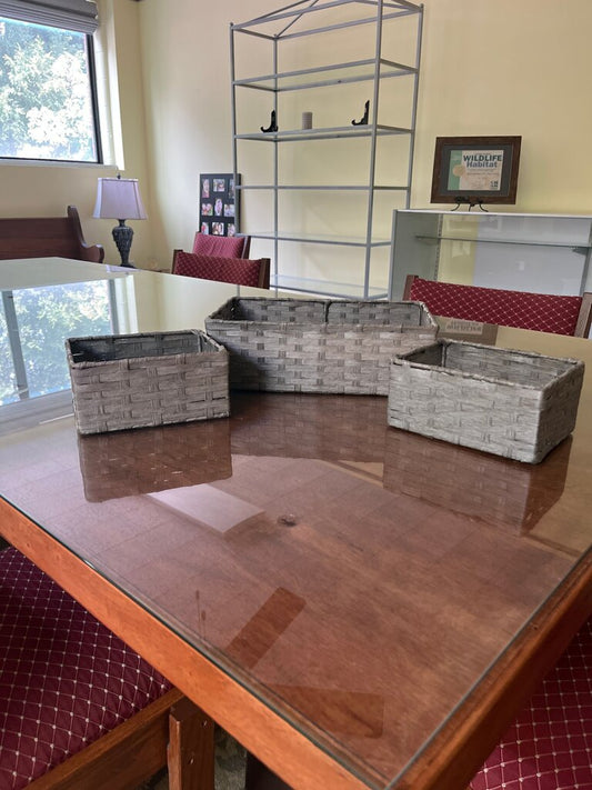 Set of Three Gray Woven Storage Baskets