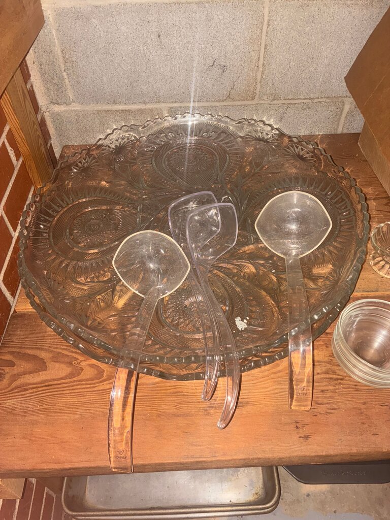 Vintage Glass Serving Platter with Serving Utensils