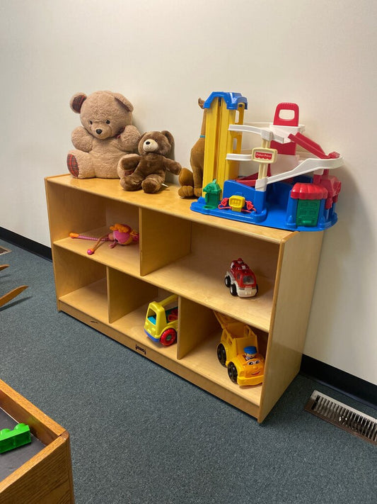 Wooden Toy Organizer with Plush Bears and Cars