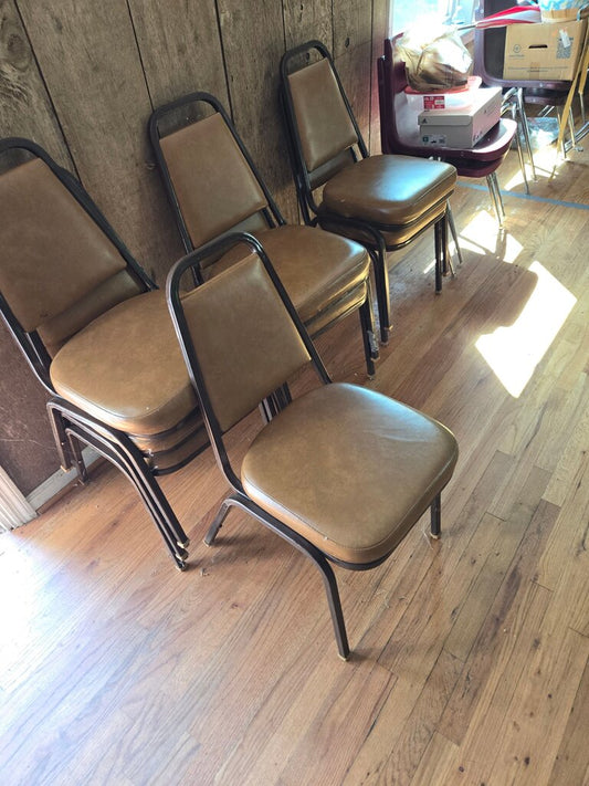 Stackable Metal Chairs with Brown Vinyl Upholstery