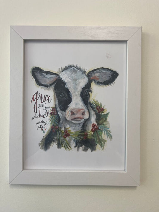 Framed Cow Art Print with Holiday Wreath
