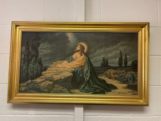 Golden Framed Religious Artwork of Christ in Prayer