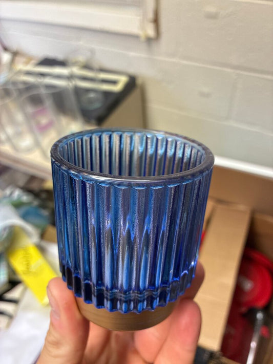 Blue Ribbed Glass Candle Holder
