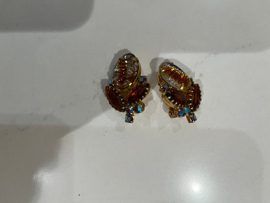 Vintage Clip-On Earrings with Amber and Blue Accents