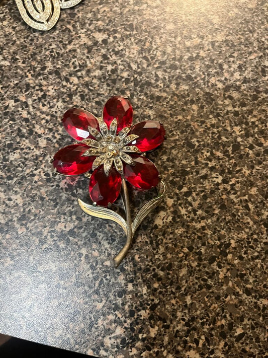 Vintage Red Flower Brooch