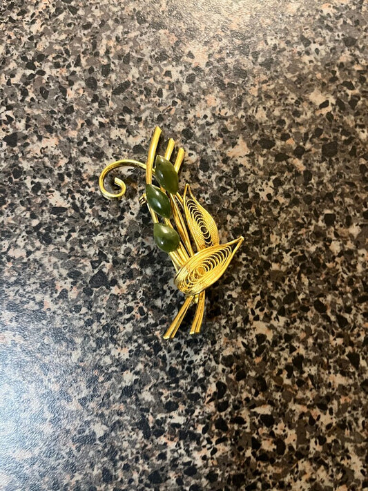 Gold Leaf Brooch with Green Accents