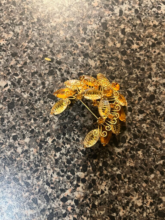 Gold Floral Brooch with Amber Accents