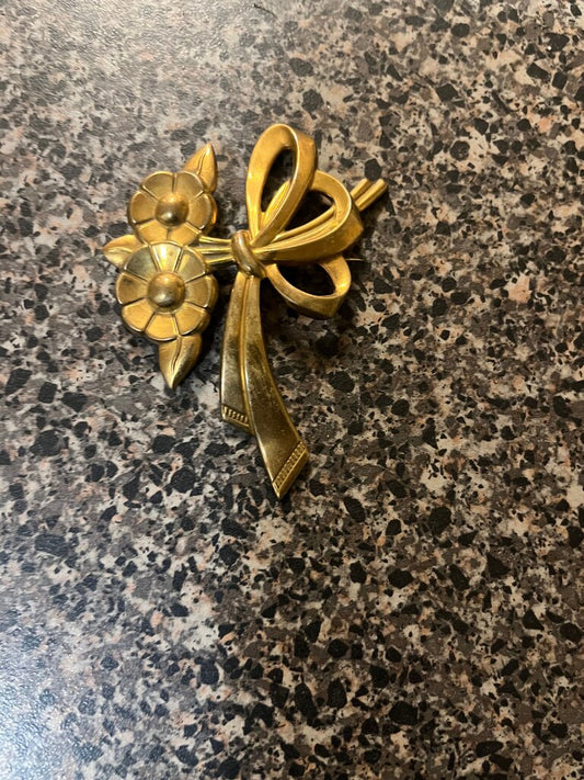 Vintage Gold Flower Brooch with Ribbon