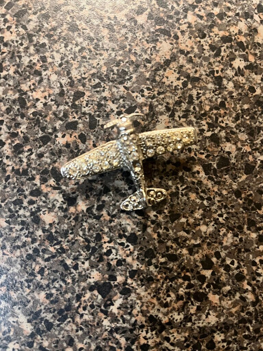 Silver Airplane Brooch with Rhinestones