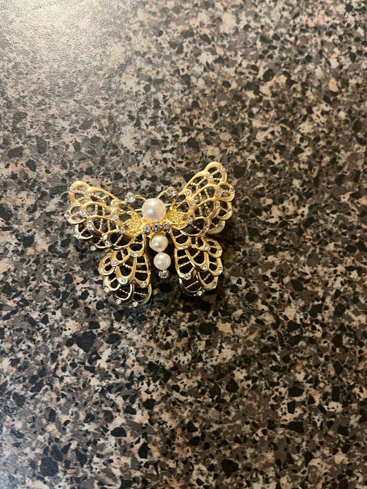 Gold Butterfly Brooch with Pearls and Rhinestones