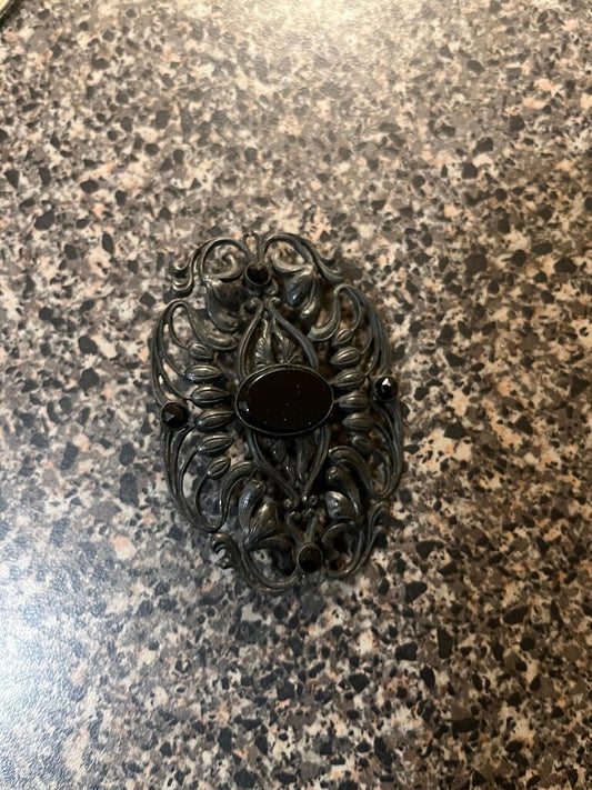 Vintage Ornate Brooch with Black Stone