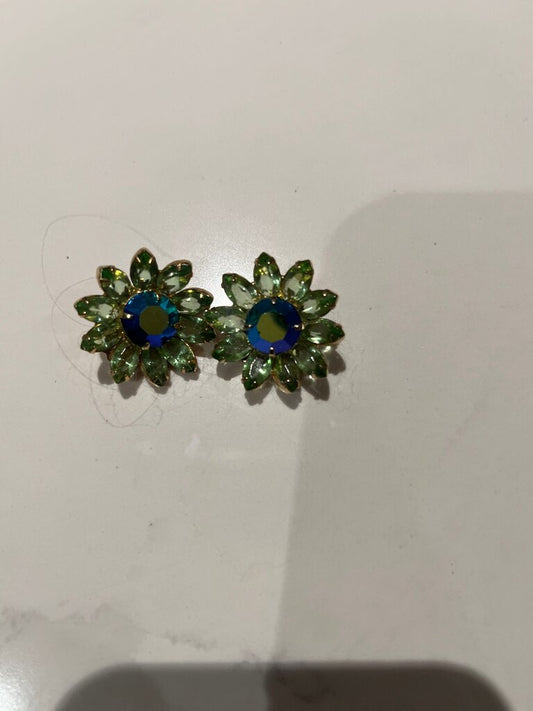Flower Shaped Earrings with Green and Blue Stones