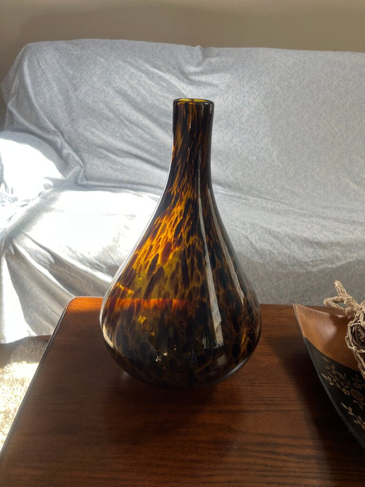 Decorative Glass Vase with Amber and Brown Swirl Design
