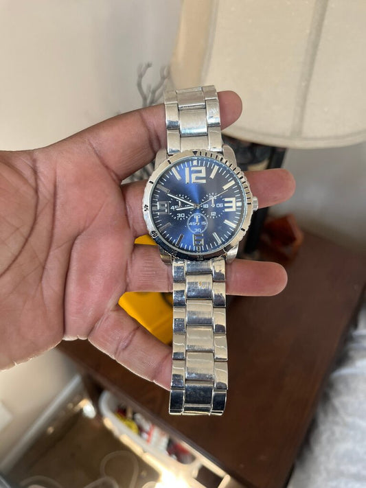 Men's Silver Stainless Steel Watch with Blue Dial