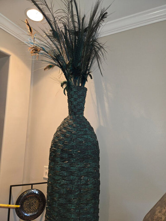 Tall Woven Decorative Vase with Feathers