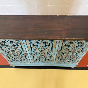 Distressed Blue Carved Wood 3-Door Sideboard Cabinet