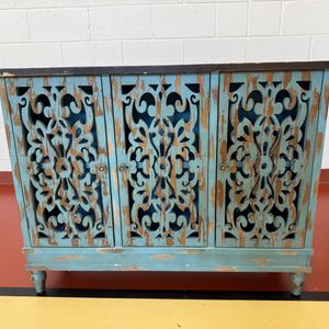 PHI VILLA Bluish Grey Hollow-Carved Cabinet with 3-Door