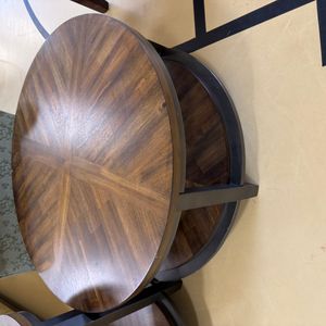 Round Wood and Metal Coffee Table with Sunburst Veneer