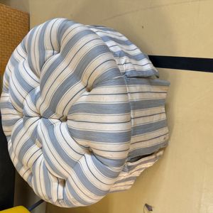 Tufted Round Ottoman with Blue and Cream Stripes